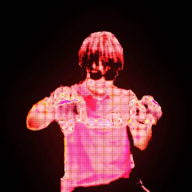 Arcade cover art: a pink pixel-glitched figure on black.