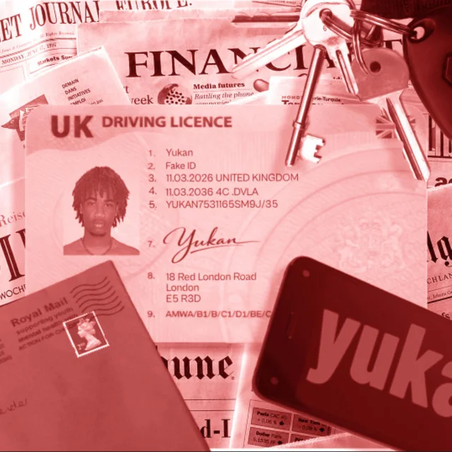 Fake ID cover art: a pink-red collage of a fake UK driving licence, a Royal Mail envelope, newspapers, keys and a phone reading yukan.